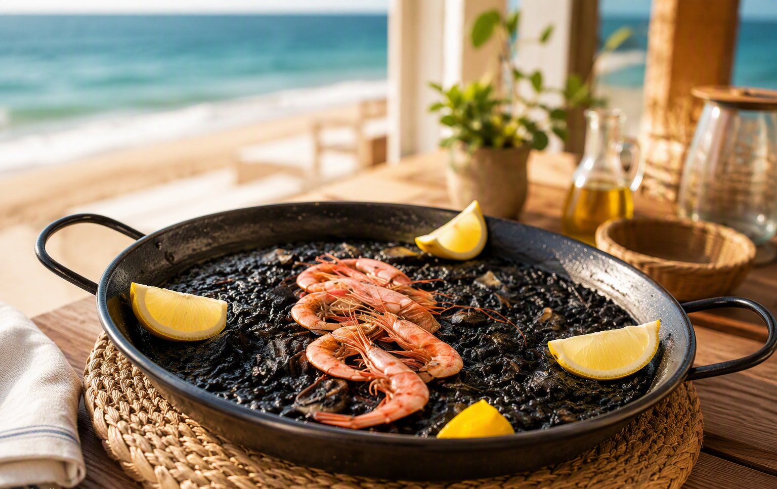 Arroz de calamar y tinta con langostinos