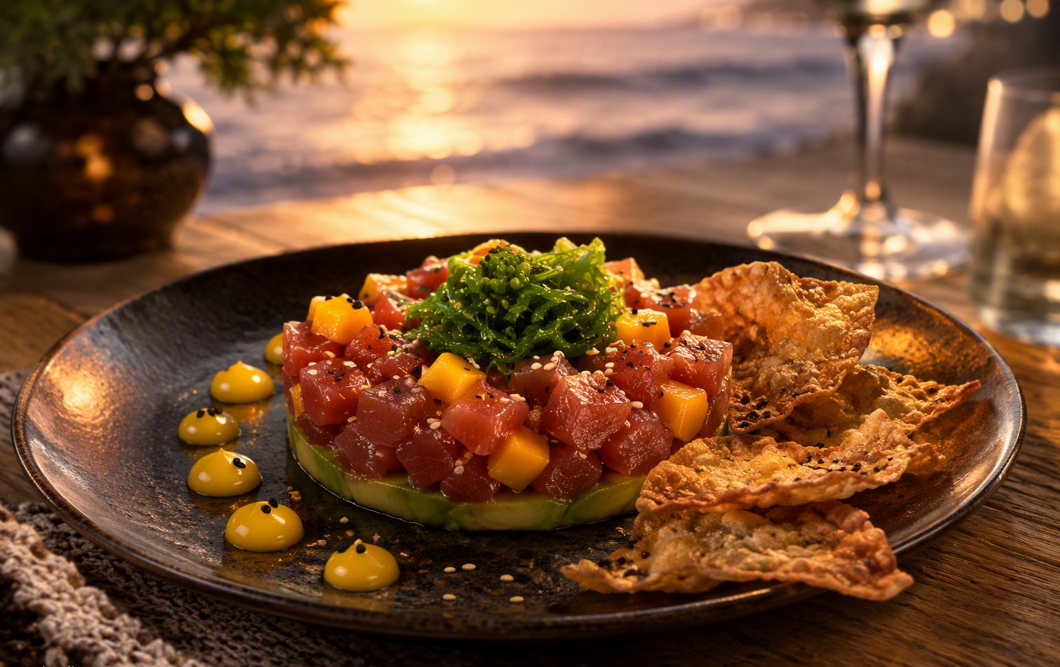Tartar de atún rojo sobre crema de aguacate con tortitas de camarones